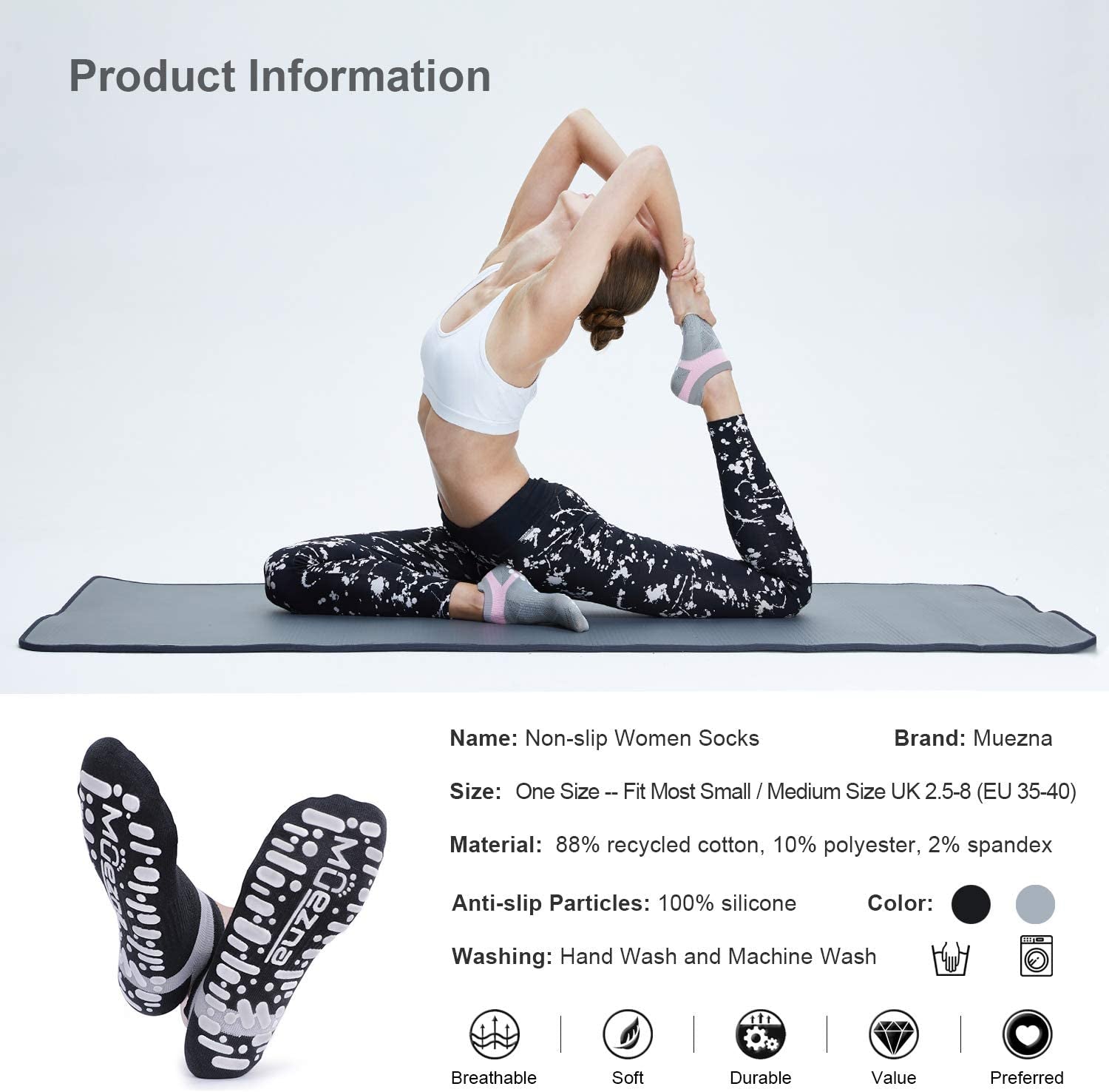 Pilates Socks Grippy Socks Woman Non Slip Grip Yoga Socks with Grips | anti Skid Sock for Barre Hospital with Cushion, Bottom, Slip Resistant Socks Size 9-10,For Adult, Elderly, Pregnant