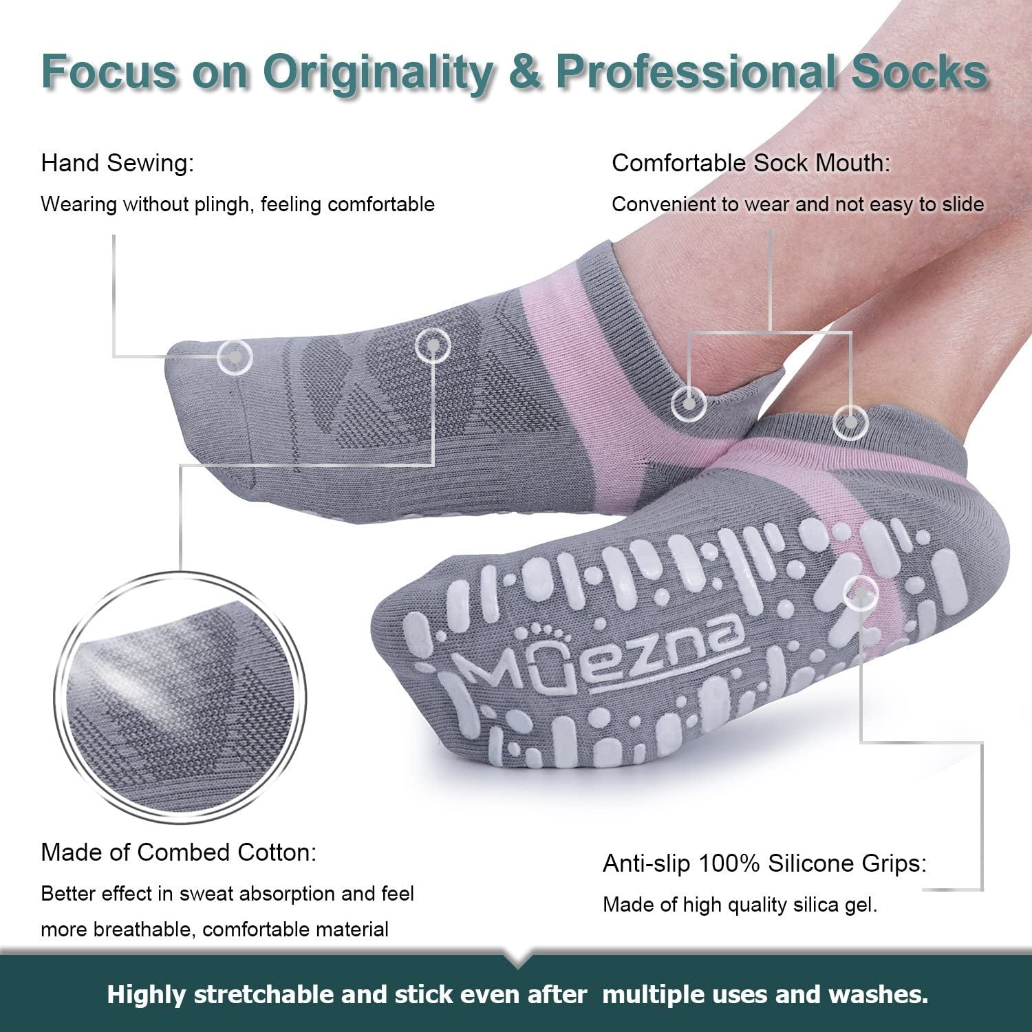 Pilates Socks Grippy Socks Woman Non Slip Grip Yoga Socks with Grips | anti Skid Sock for Barre Hospital with Cushion, Bottom, Slip Resistant Socks Size 9-10,For Adult, Elderly, Pregnant